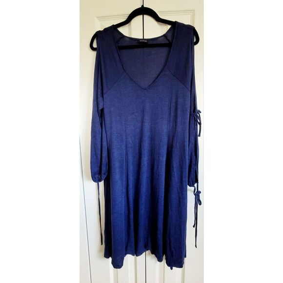 Torrid 1 Sweater Dress V-Neck Cold‎ Shoulder Tie L/S Blue 1X A-Line Elastic Wrst - Picture 1 of 8